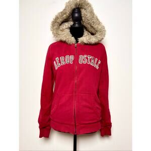 Vtg Y2K Aeropostale Fur Trimmed Red Zipup Logo Appliqué Zipup Hoodie